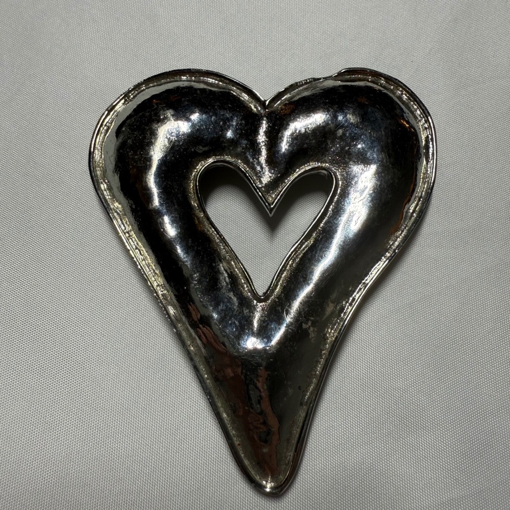 Vintage Modernist Heart Brooch Silver Tone Openwork Large Statement Pin